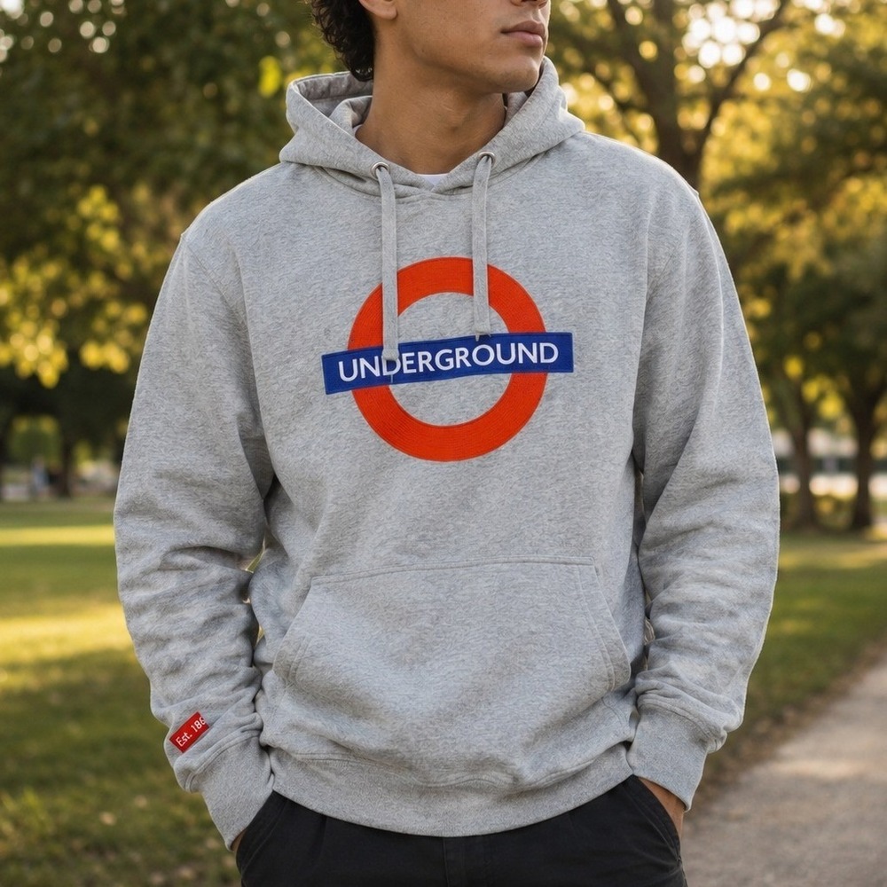 London Underground Hoodie Grey Tube Map Hood Lining Graphic Sweatshirt Mens M